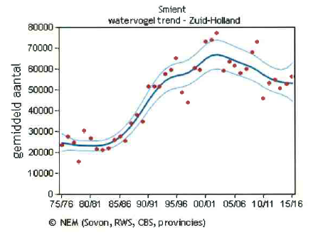 Toename van het aantal smienten in periode van 1975 tot 2000 van 20.000 naar 60.000. Gevolgd door een afname: in 2015 50.000.